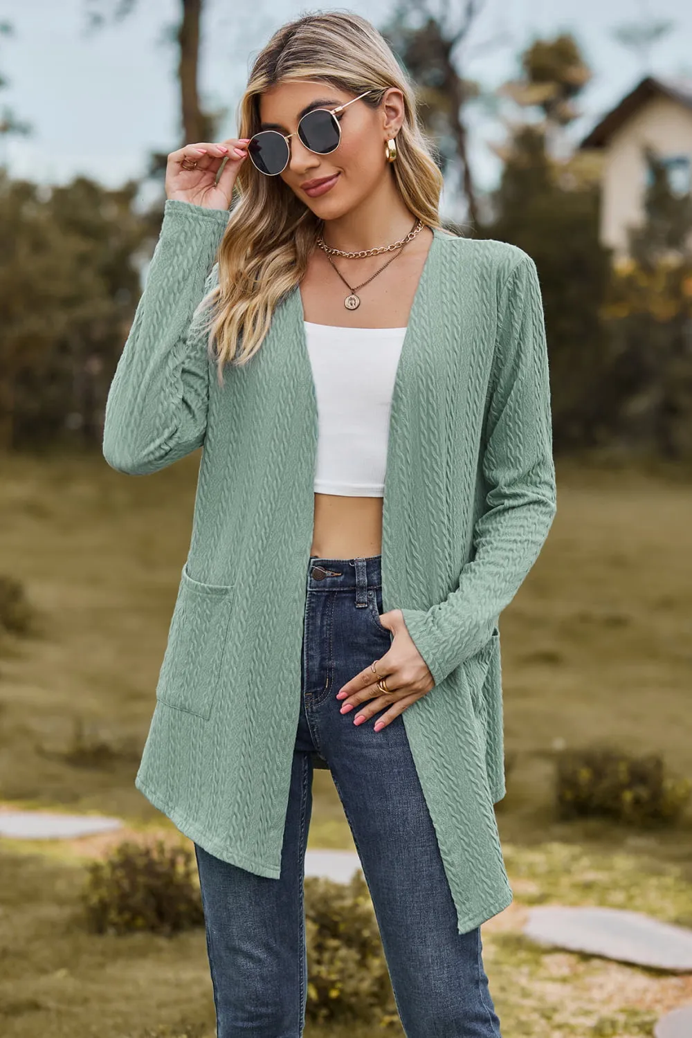 Cable-Knit Long Sleeve Cardigan with Pocket, image 5