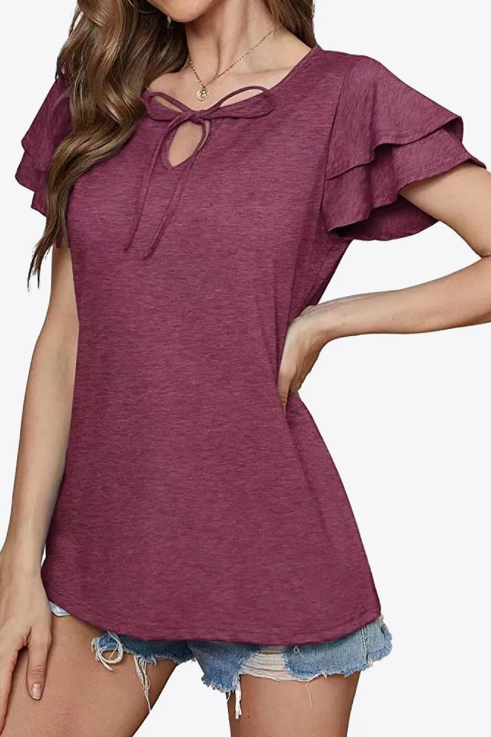 Tie-Neck Layered Flutter Sleeve Blouse, image 4