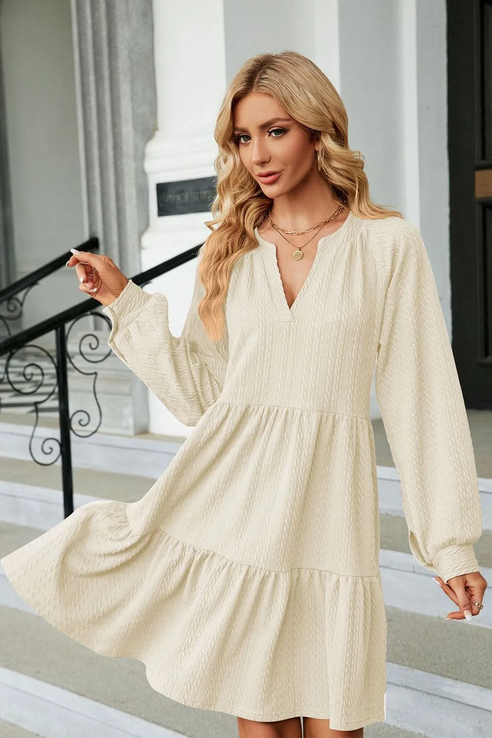 Notched Neck Long Sleeve Mini Dress, image 5