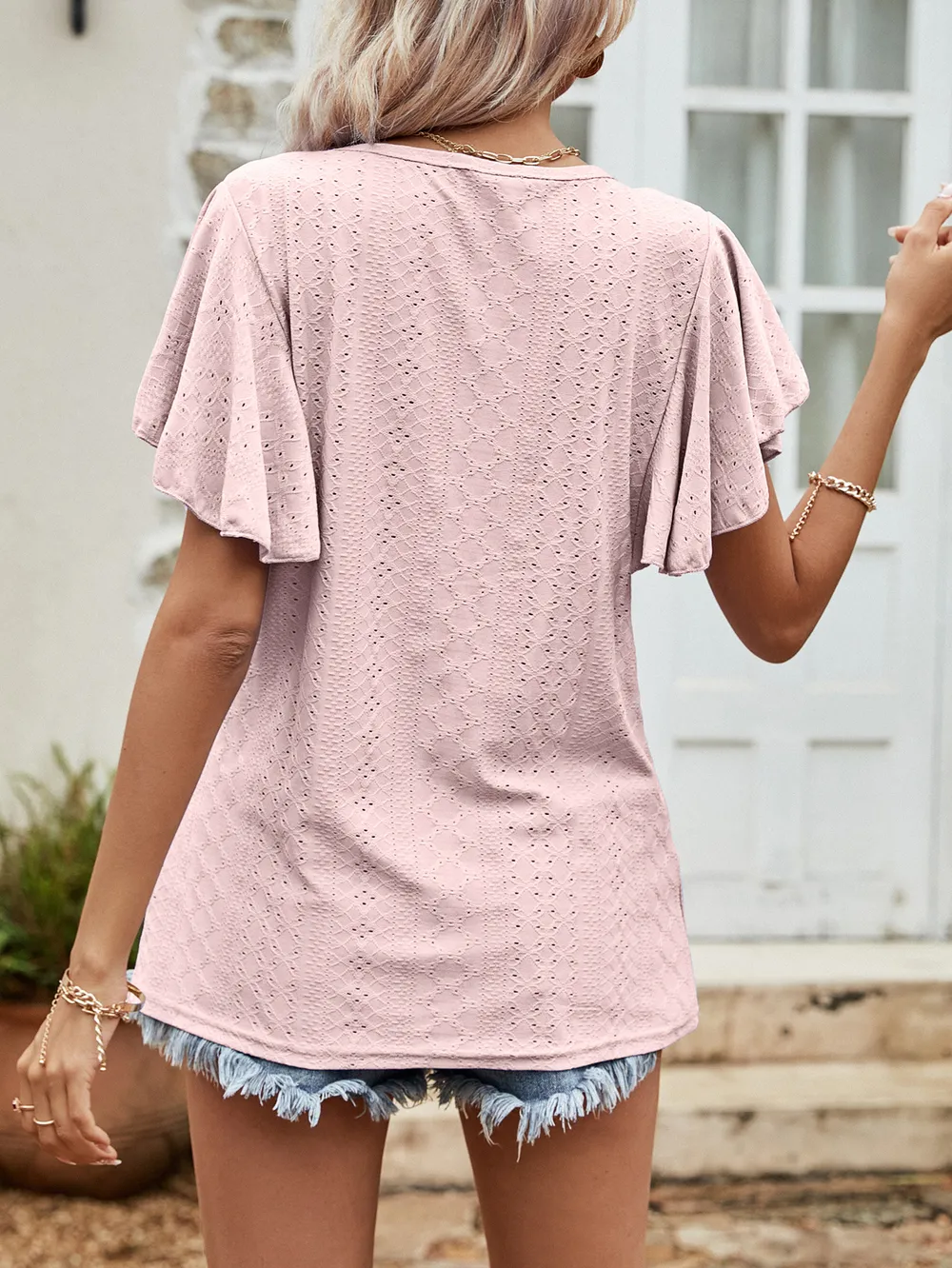 Round Neck Flutter Sleeve Blouse, image 2