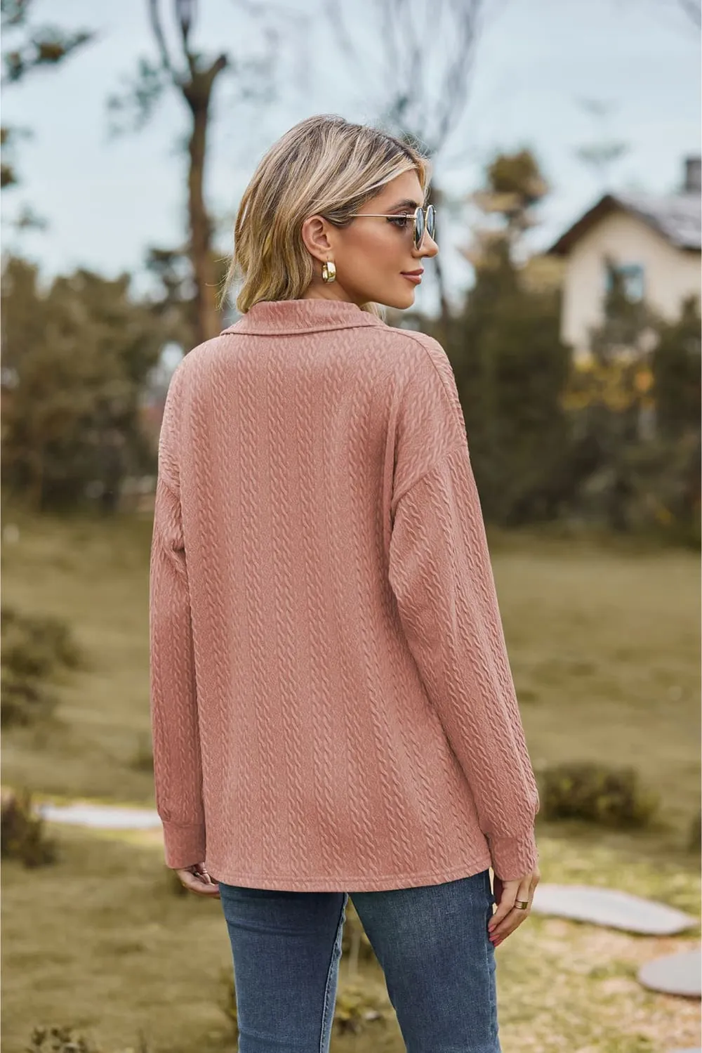 Collared Neck Cable-Knit Long Sleeve Blouse, image 10