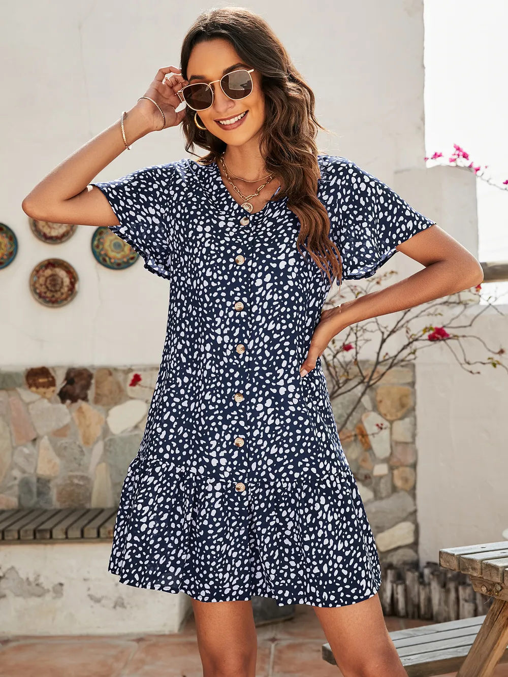 Animal Print Button Front Flutter Sleeve Dress, image 8