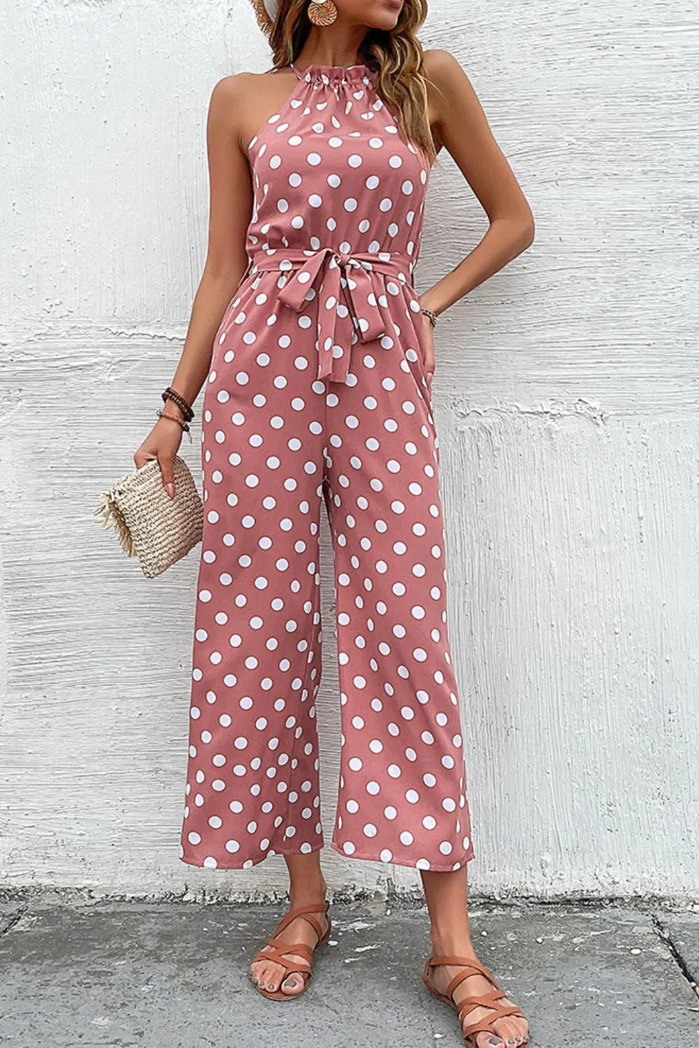 Polka Dot Grecian Wide Leg Jumpsuit, image 5