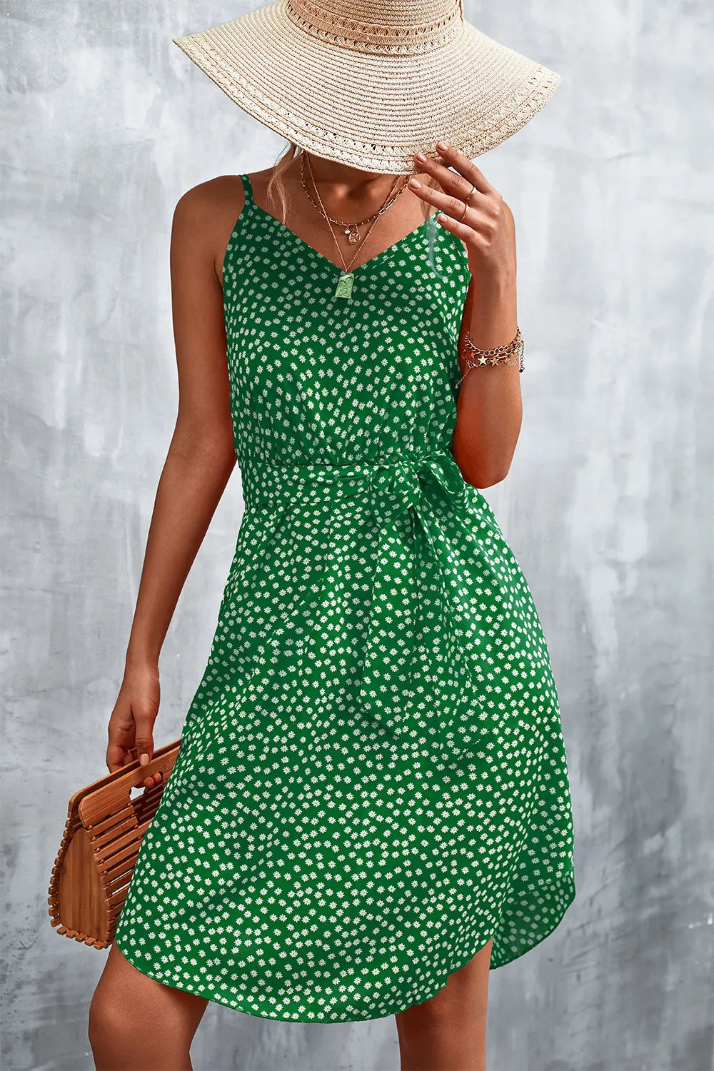 Printed V-Neck Tie Waist Mini Dress, image 15