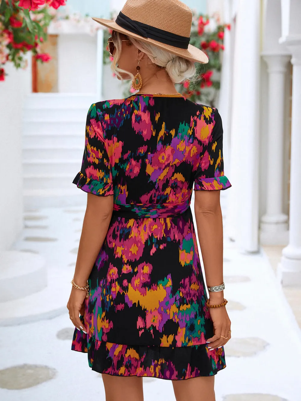 Printed Flounce Sleeve Tied Dress, image 7