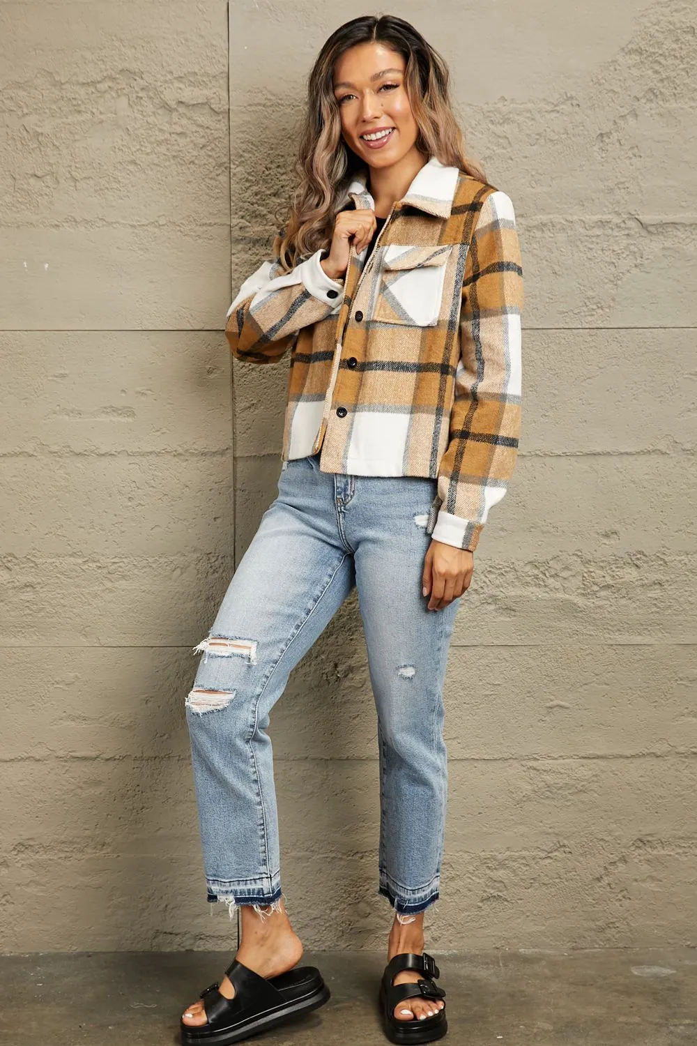 Plaid Collared Neck Jacket with Breast Pockets, image 11