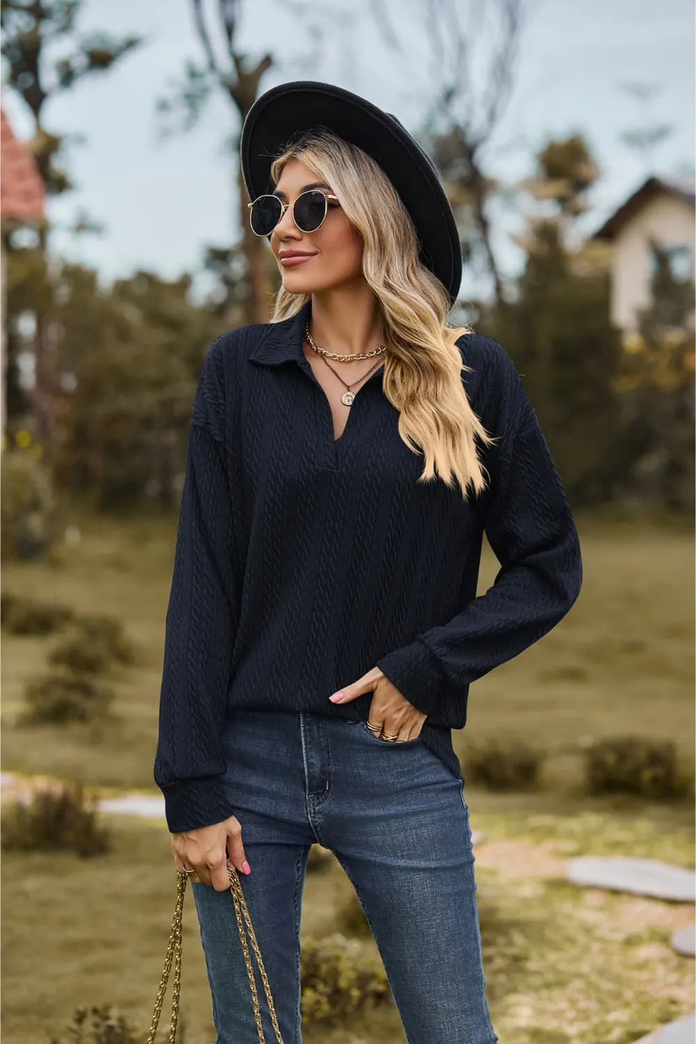 Collared Neck Cable-Knit Long Sleeve Blouse, image 23