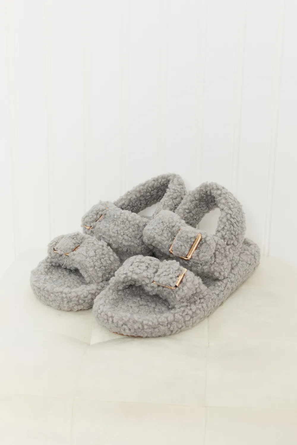 Cozy Atmosphere Faux Fur Buckled Sandals in Grey, image 5