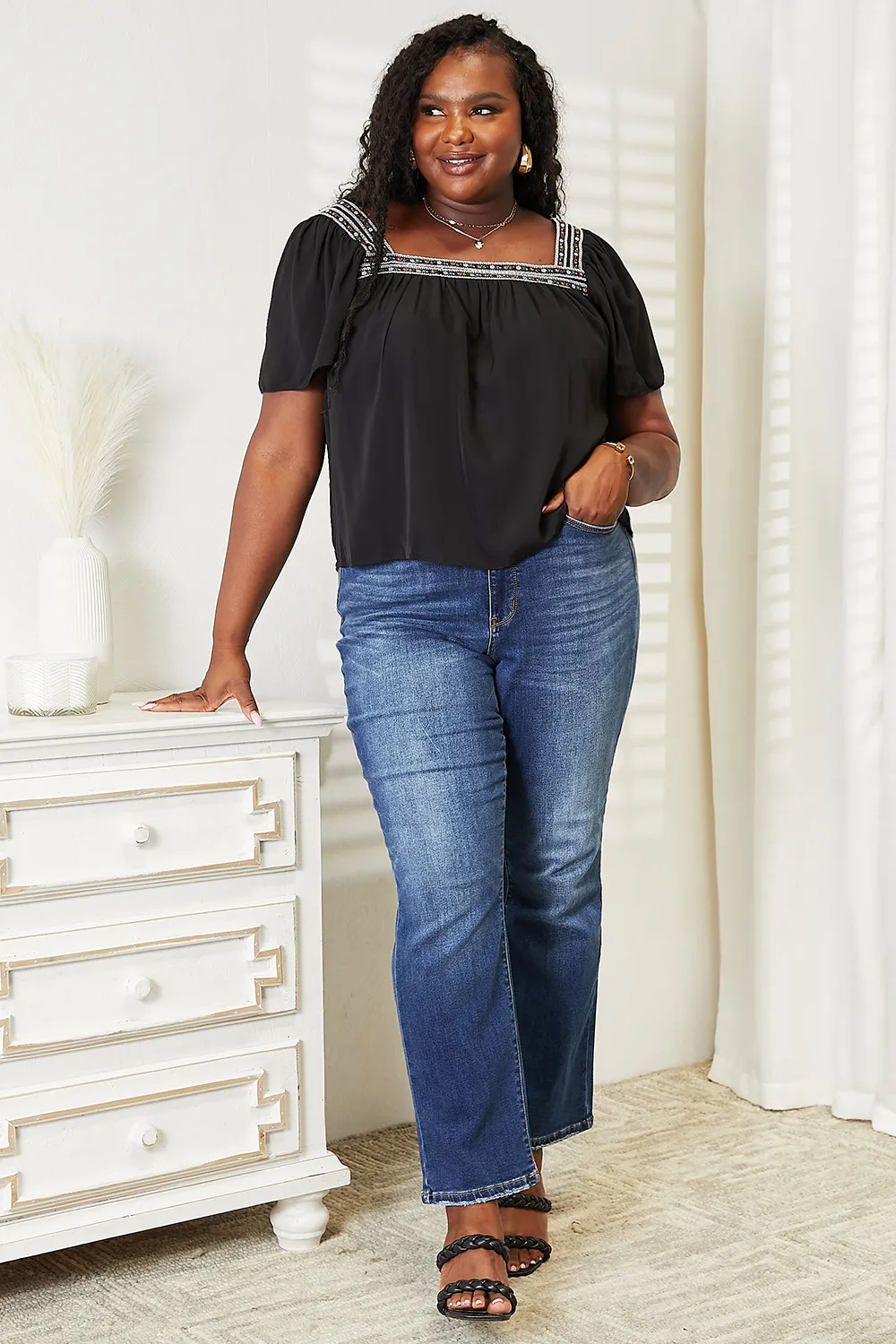 Contrast Square Neck Puff Sleeve Blouse, image 6