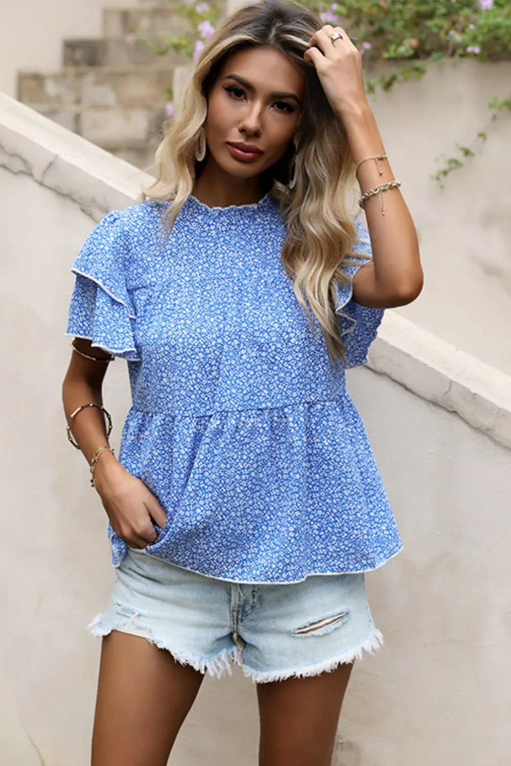 Ditsy Floral Layered Flutter Sleeve Blouse, image 4