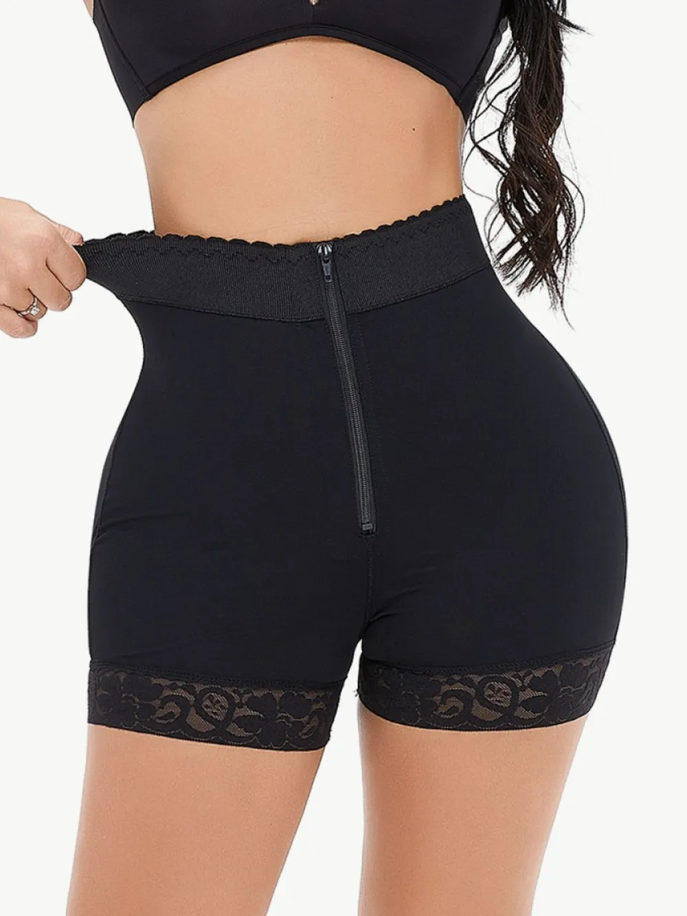 Full Size Zip-Up Lace Trim Shaping Shorts, image 4