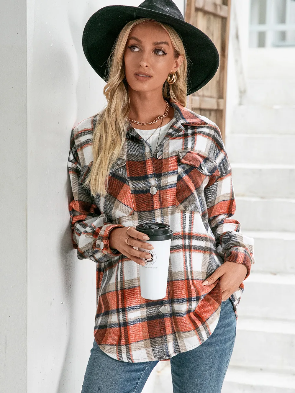 Meet You Outside Plaid Button Down Curved Hem Shacket, image 3