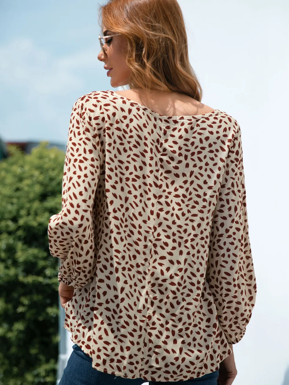 Printed V-Neck Balloon Sleeve Blouse, image 6
