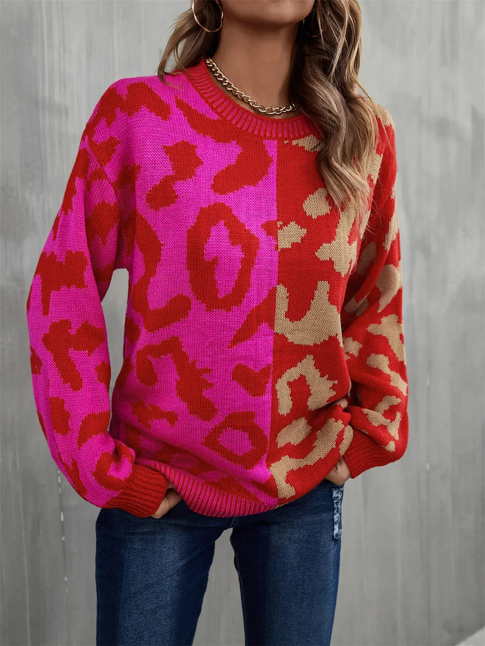 Round Neck Contrast Color Dropped Shoulder Sweater, image 4