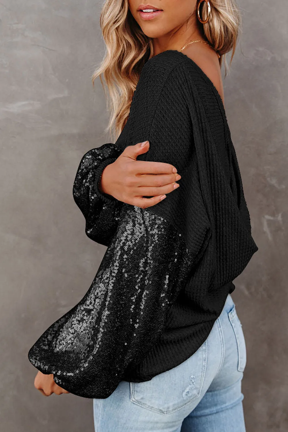Sequin Waffle-Knit Blouse, image 5