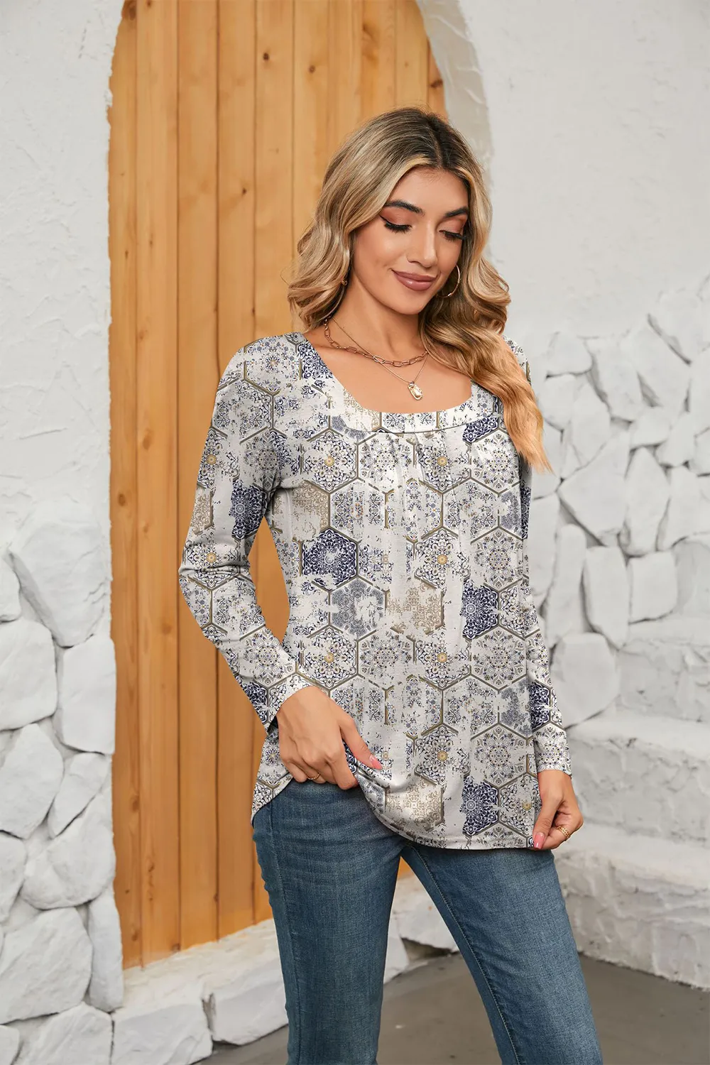 Printed Square Neck Long Sleeve Blouse, image 14