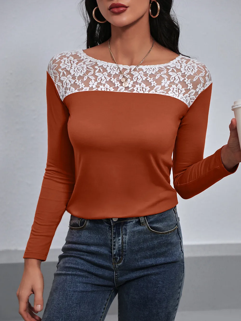 Lace Trim Long Sleeve Round Neck Tee, image 13