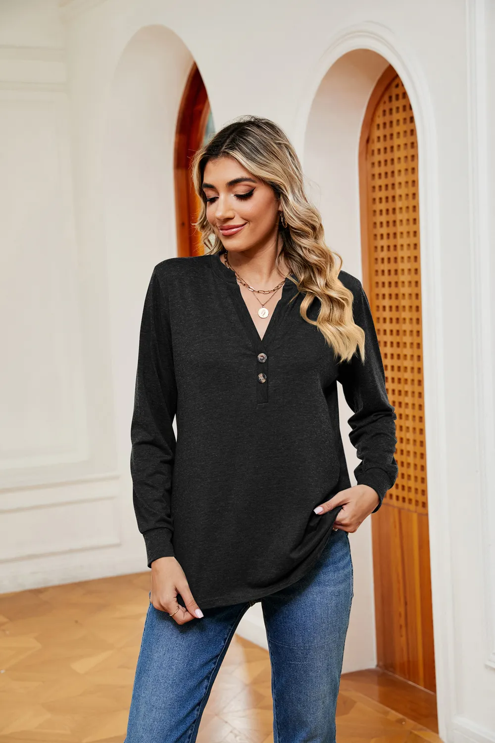 Buttoned Notched Neck Long Sleeve Top, image 14