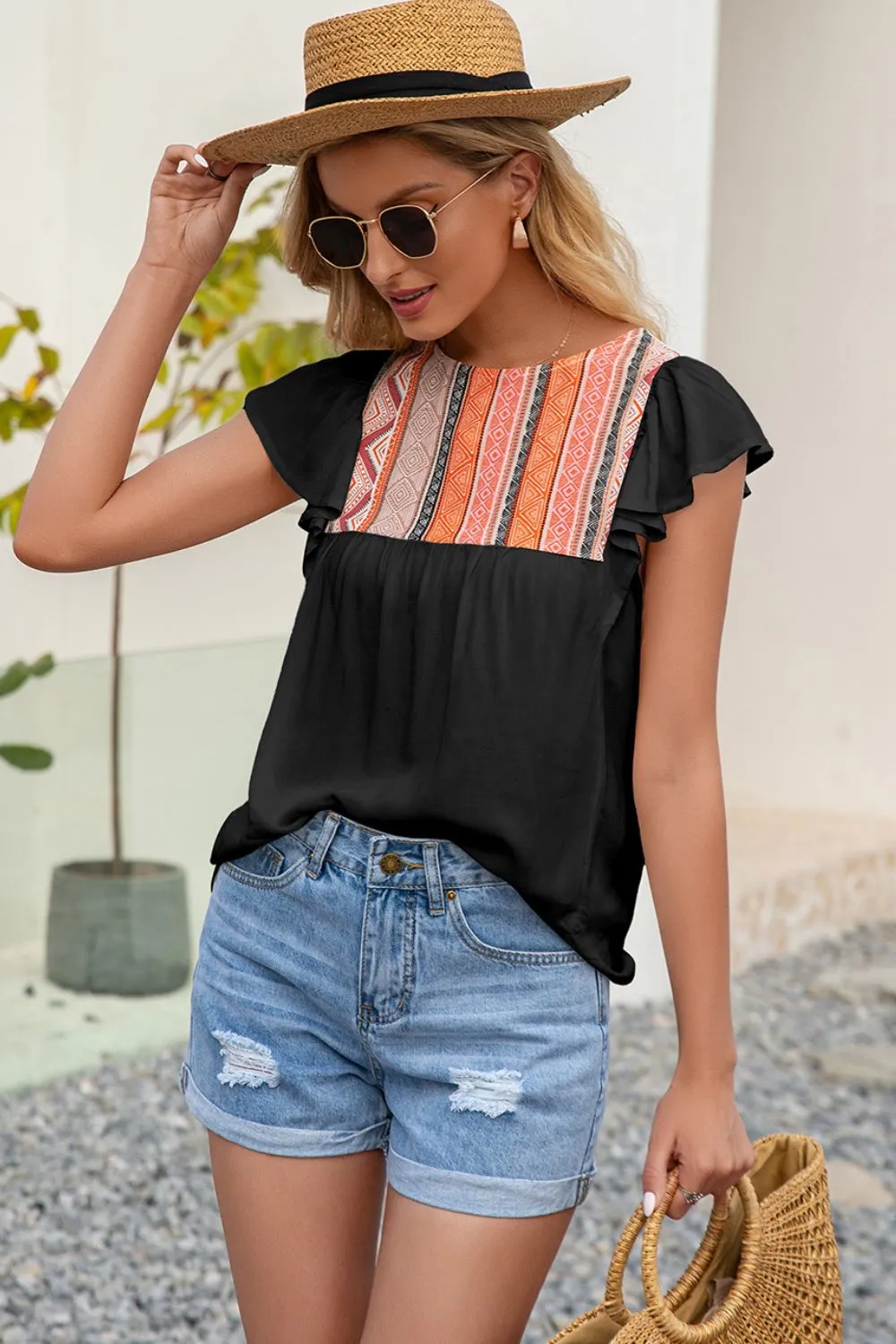 Contrast Print Butterfly Sleeve Top, image 3