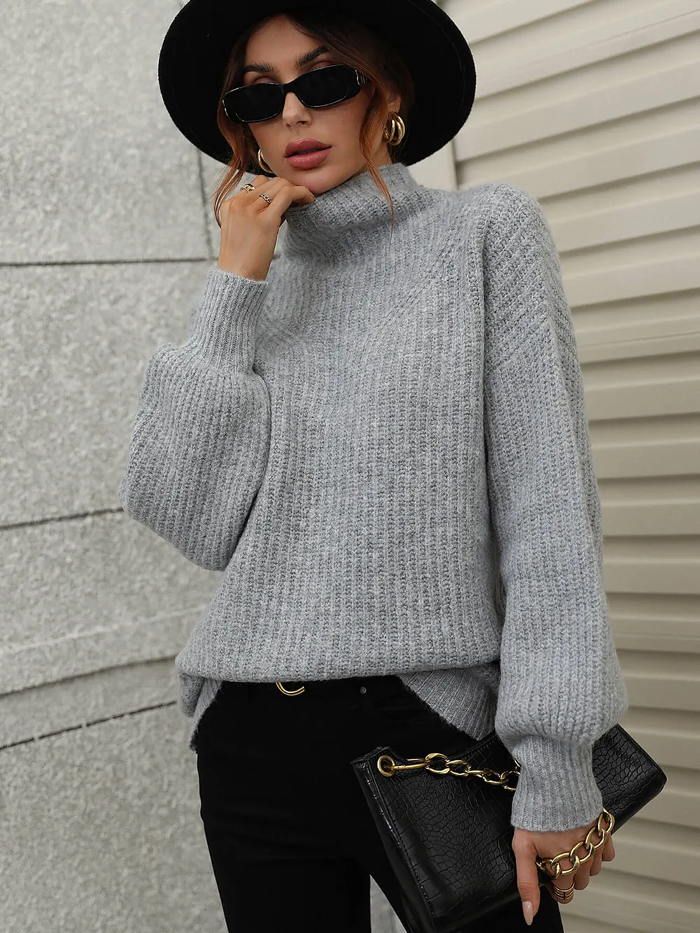 High Neck Balloon Sleeve Rib-Knit Pullover Sweater, image 16