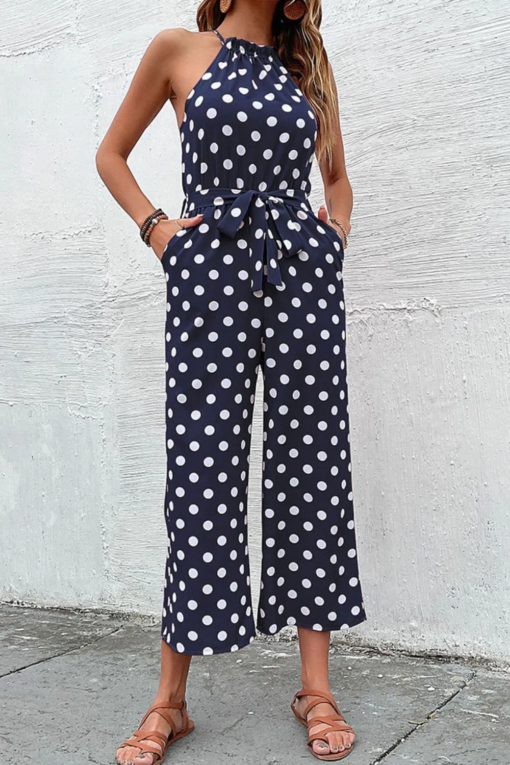 Polka Dot Grecian Wide Leg Jumpsuit, image 6