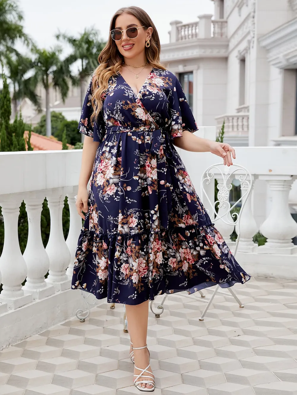 Plus Size Floral Surplice Neck Midi Dress, image 3