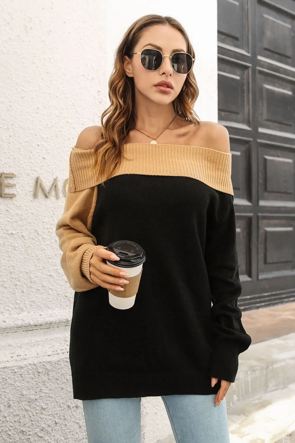 Ribbed Off-Shoulder Lantern Sleeve Pullover Sweater, image 8