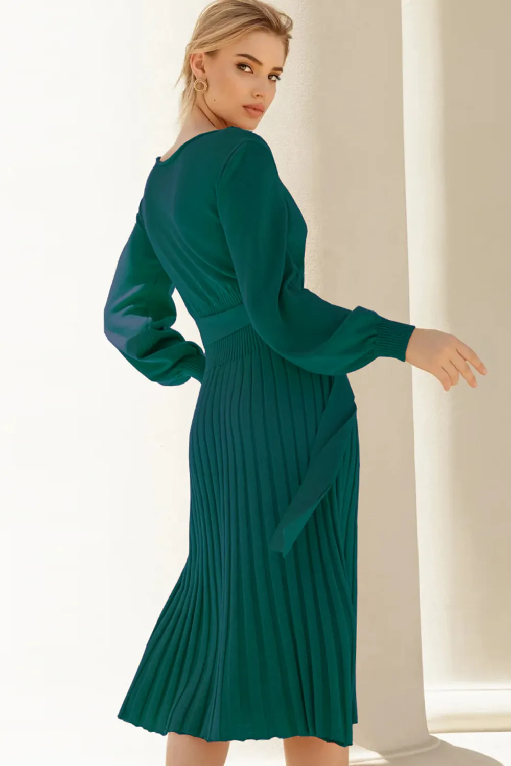 Round Neck Long Sleeve Pleated Sweater Dress, image 3