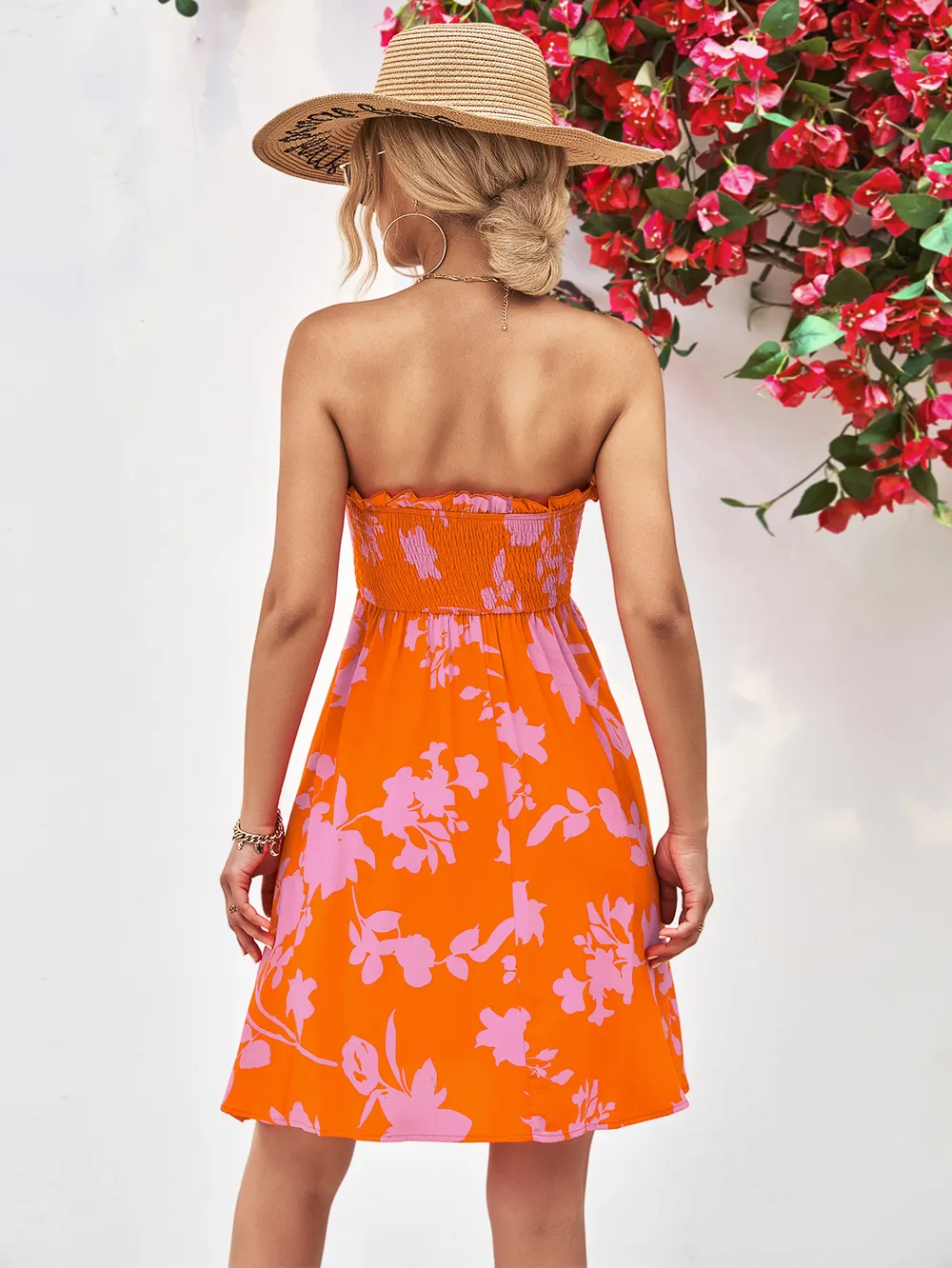 Floral Frill Trim Strapless Smocked Dress, image 9