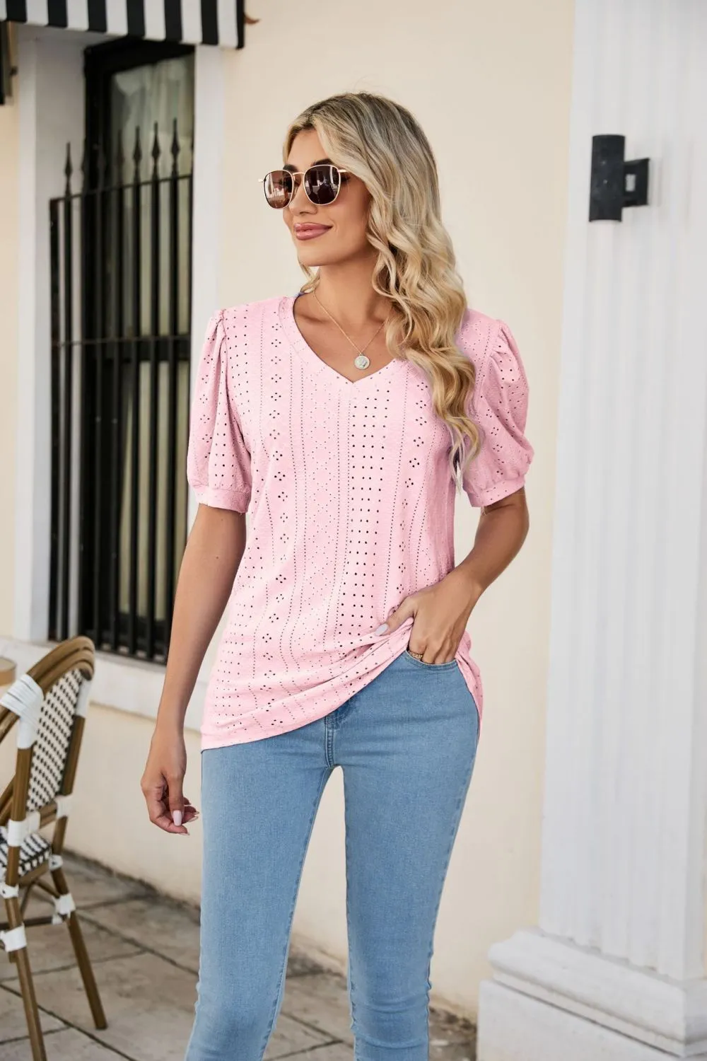 Eyelet Puff Sleeve V-Neck Top, image 19