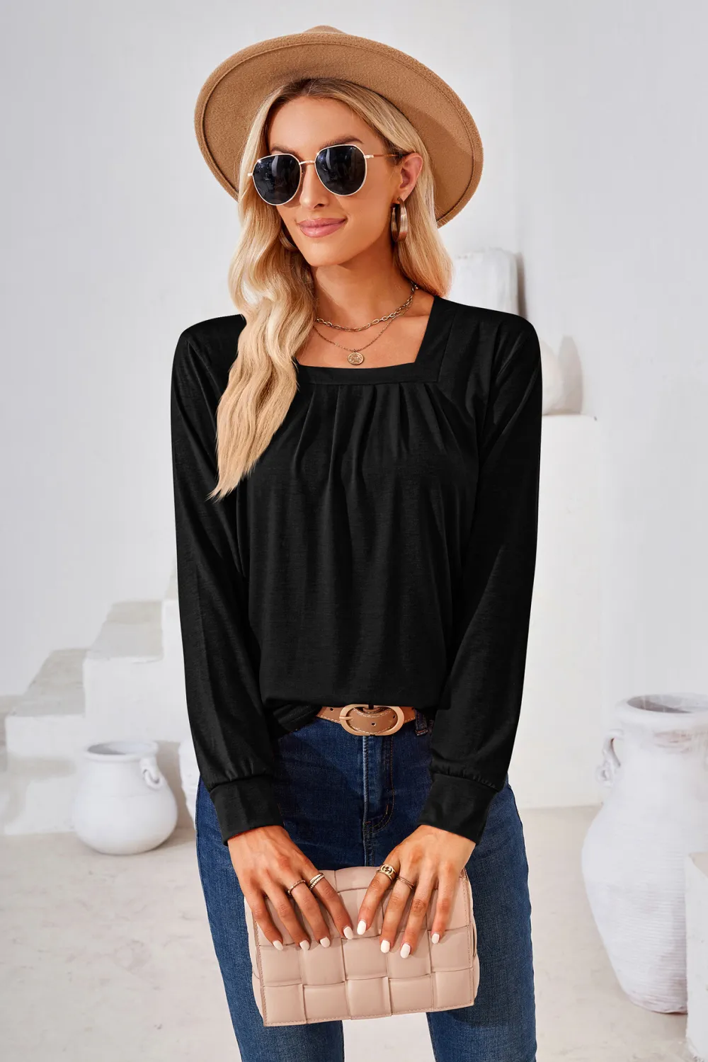 Square Neck Ruched Long Sleeve Blouse, image 14