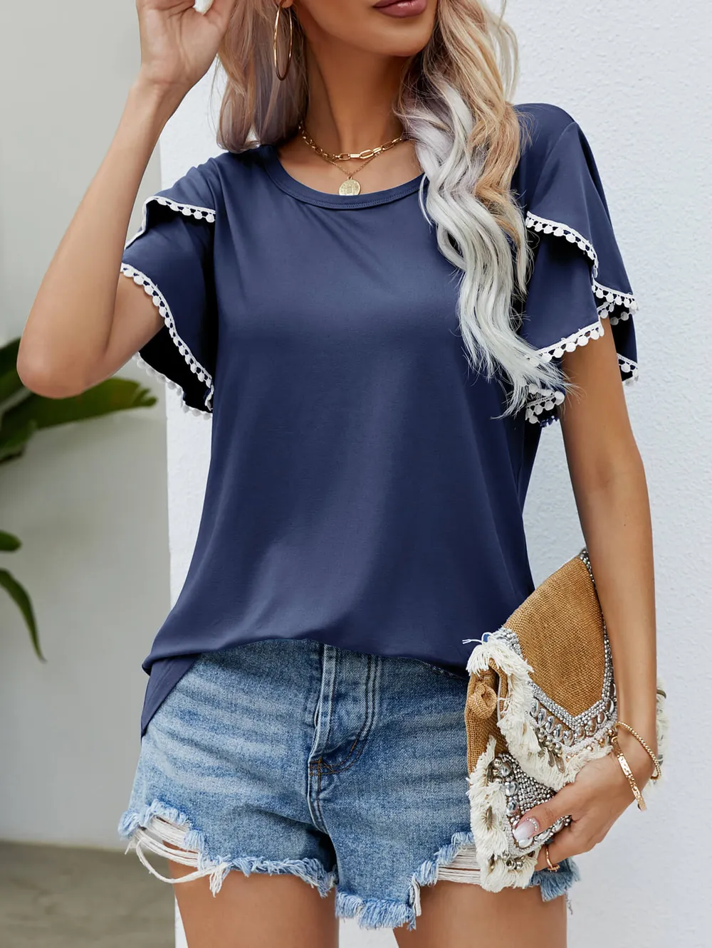 Pom-Pom Trim Flutter Sleeve Round Neck Tee, image 18