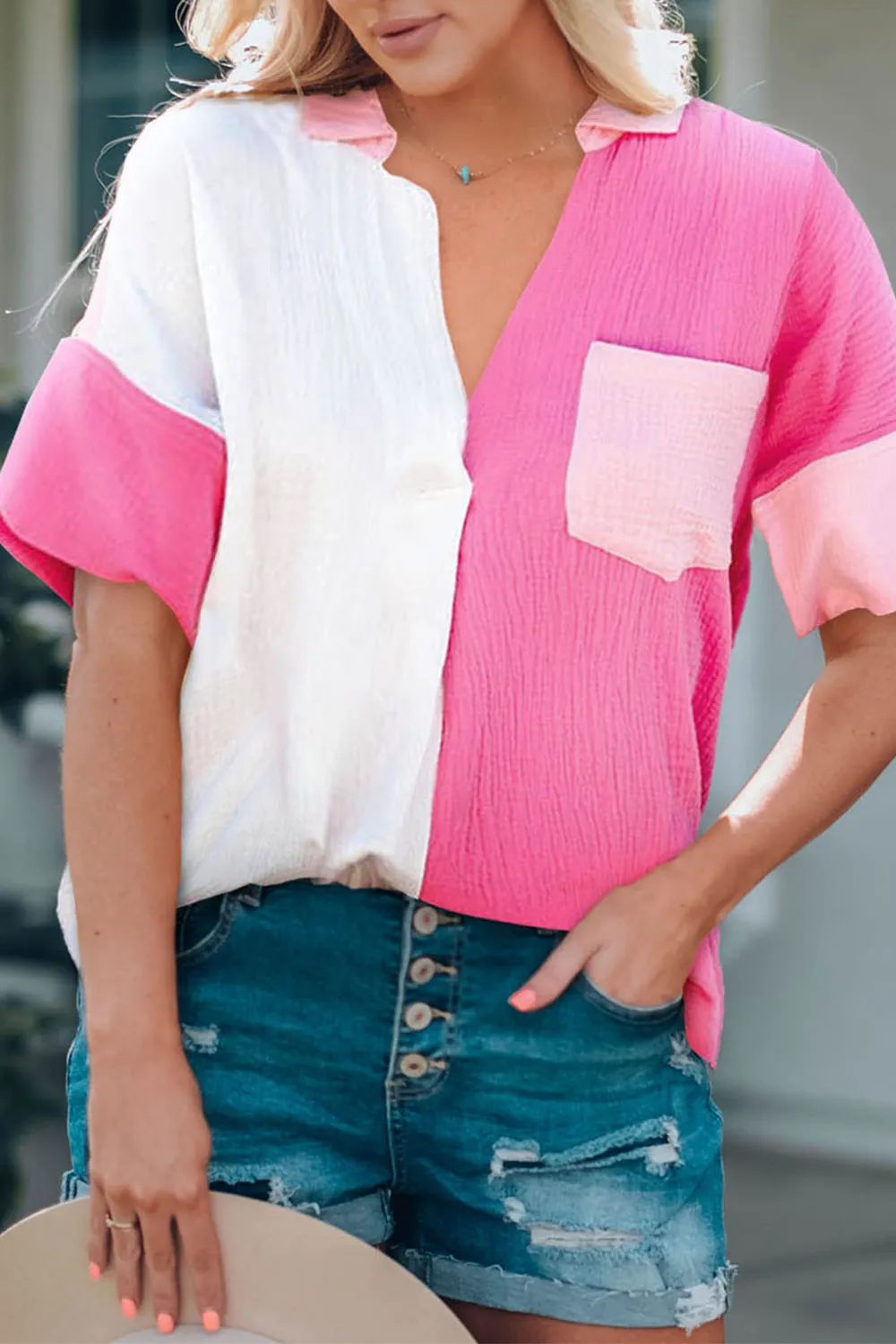 Color Block Textured Johnny Collar Blouse, image 3