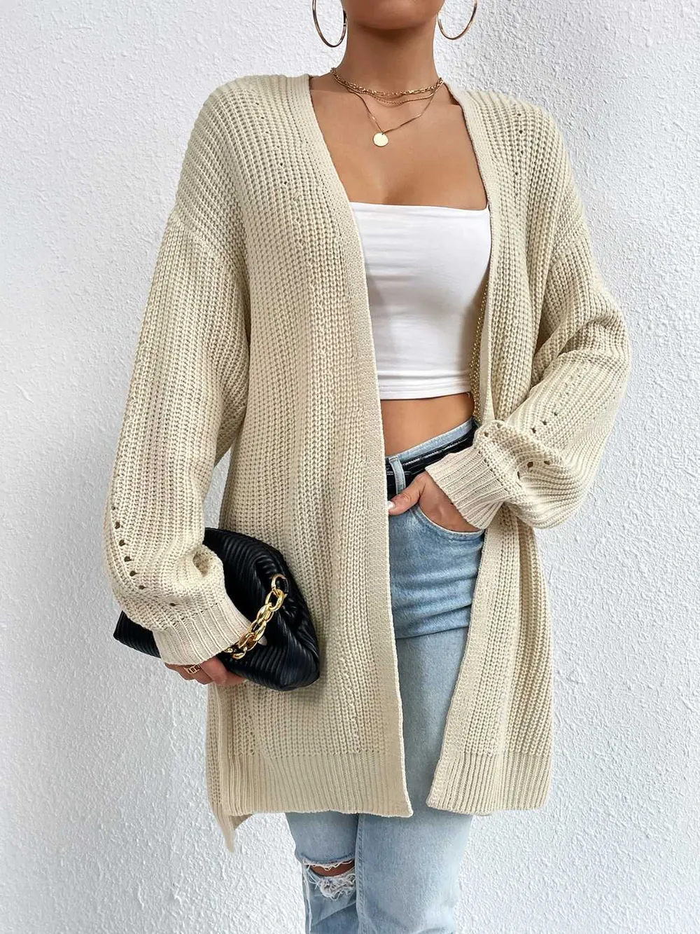 Open Front Dropped Shoulder Slit Cardigan, image 14