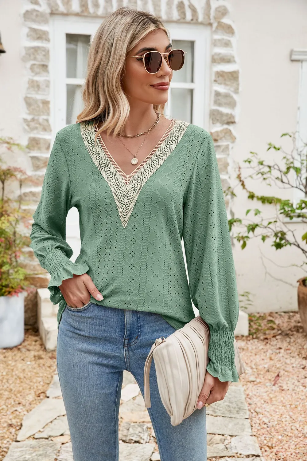 Eyelet V-Neck Smocked Flounce Sleeve Blouse, image 17