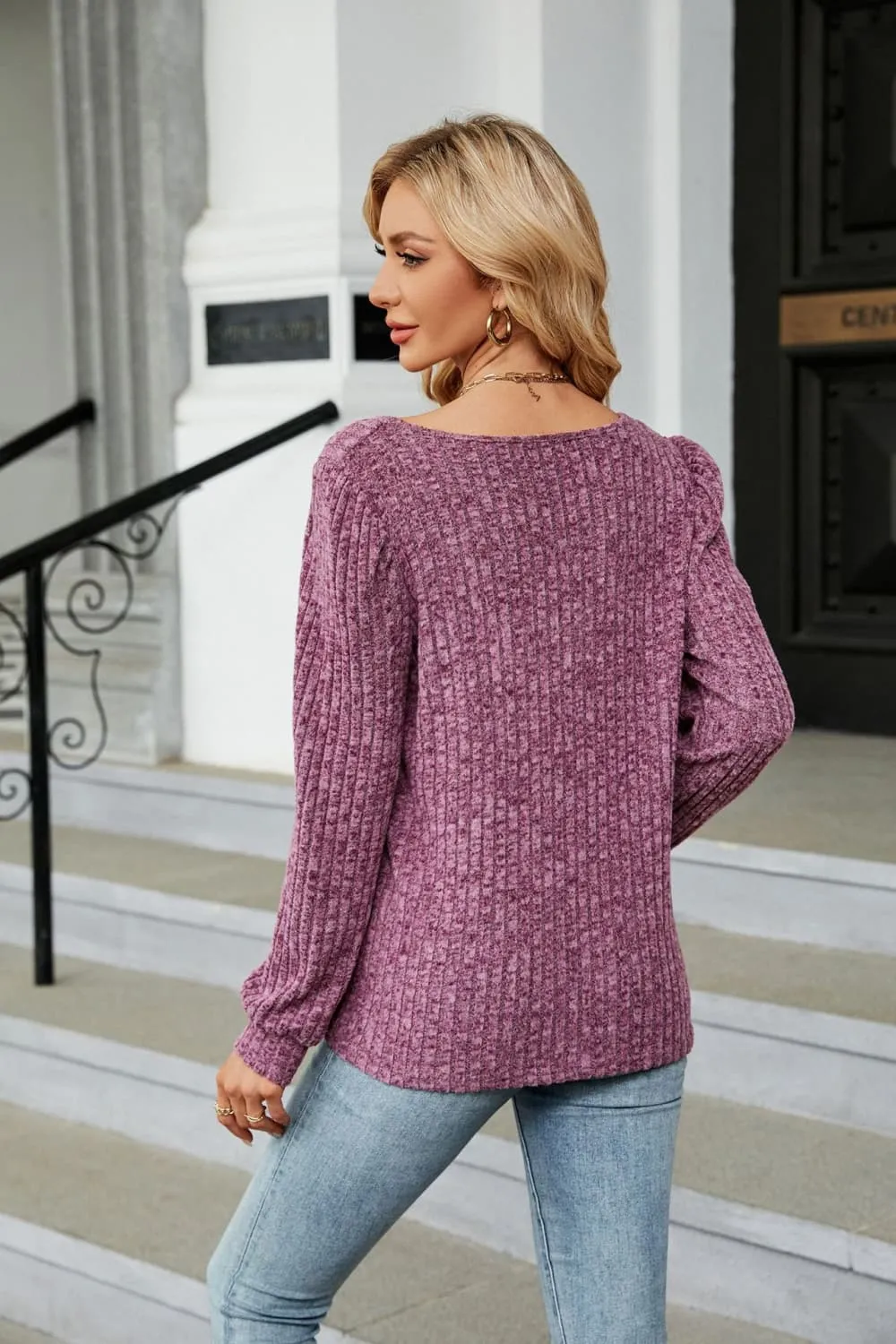 Ribbed Square Neck Long Sleeve T-Shirt, image 6