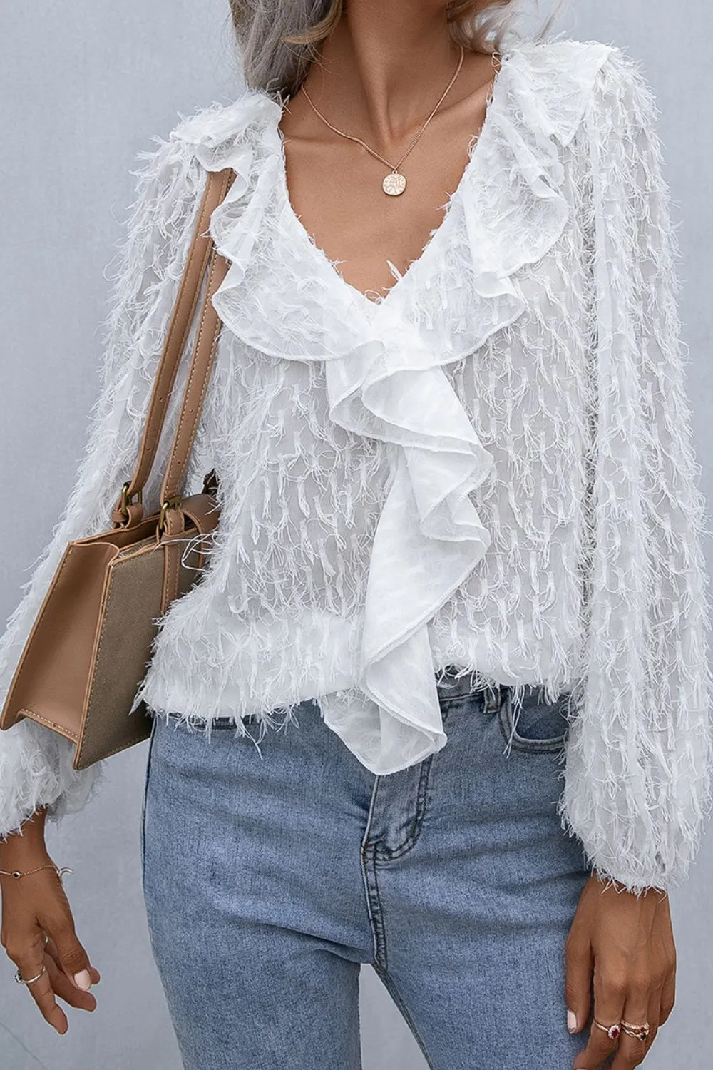 Ruffle Hem Fringe V-Neck Balloon Sleeve Blouse, image 6