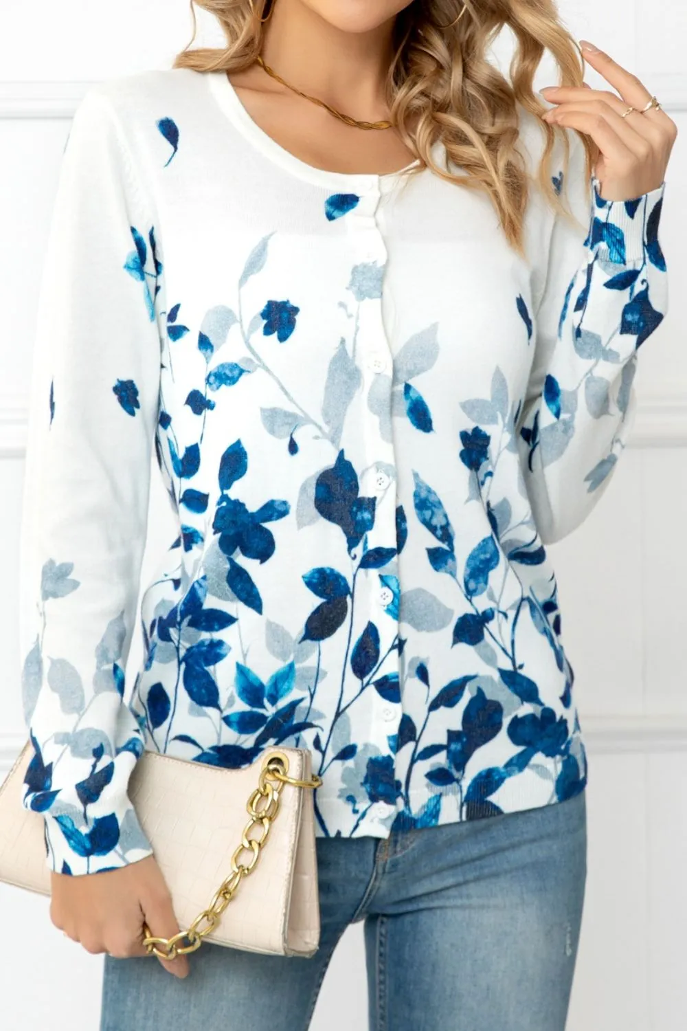Floral Button Front Round Neck Cardigan, image 16
