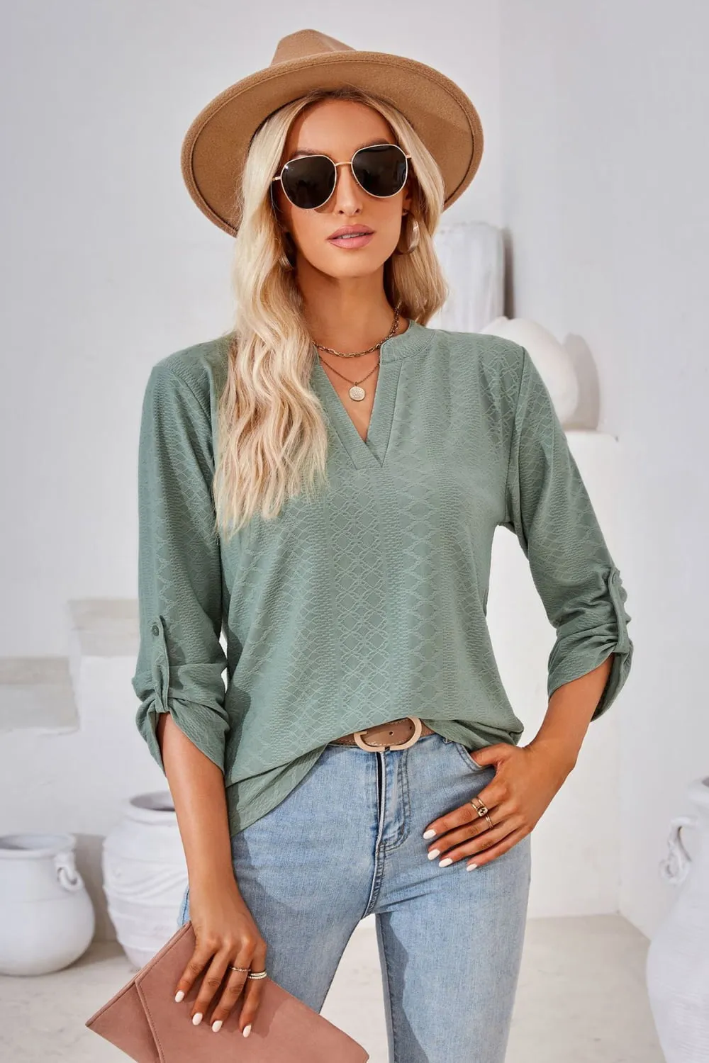 V-Neck Roll-Tap Sleeve Blouse, image 14