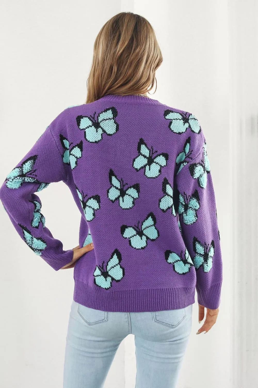 Butterfly Pattern Round Neck Dropped Shoulder Sweater, image 8