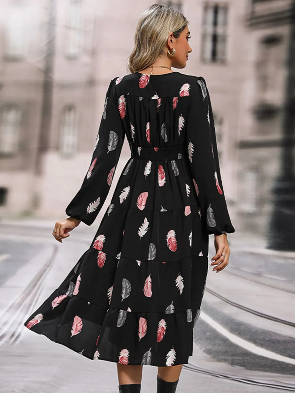 Printed V-Neck Slit Dress, image 3