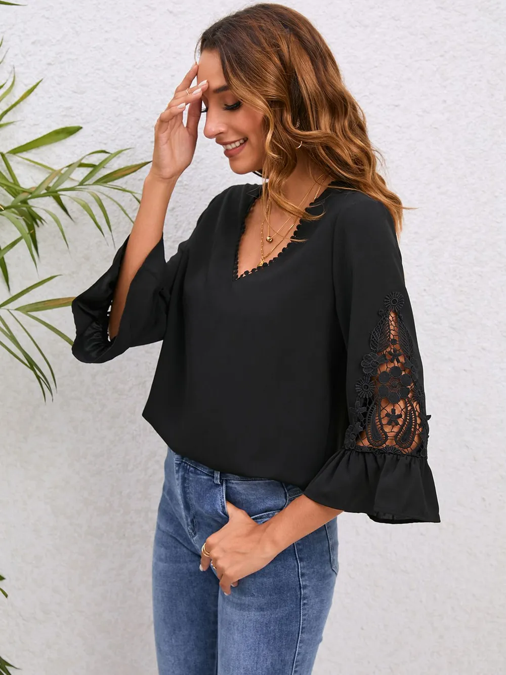 V-Neck Lace Detail Flounce Sleeve Blouse, image 6