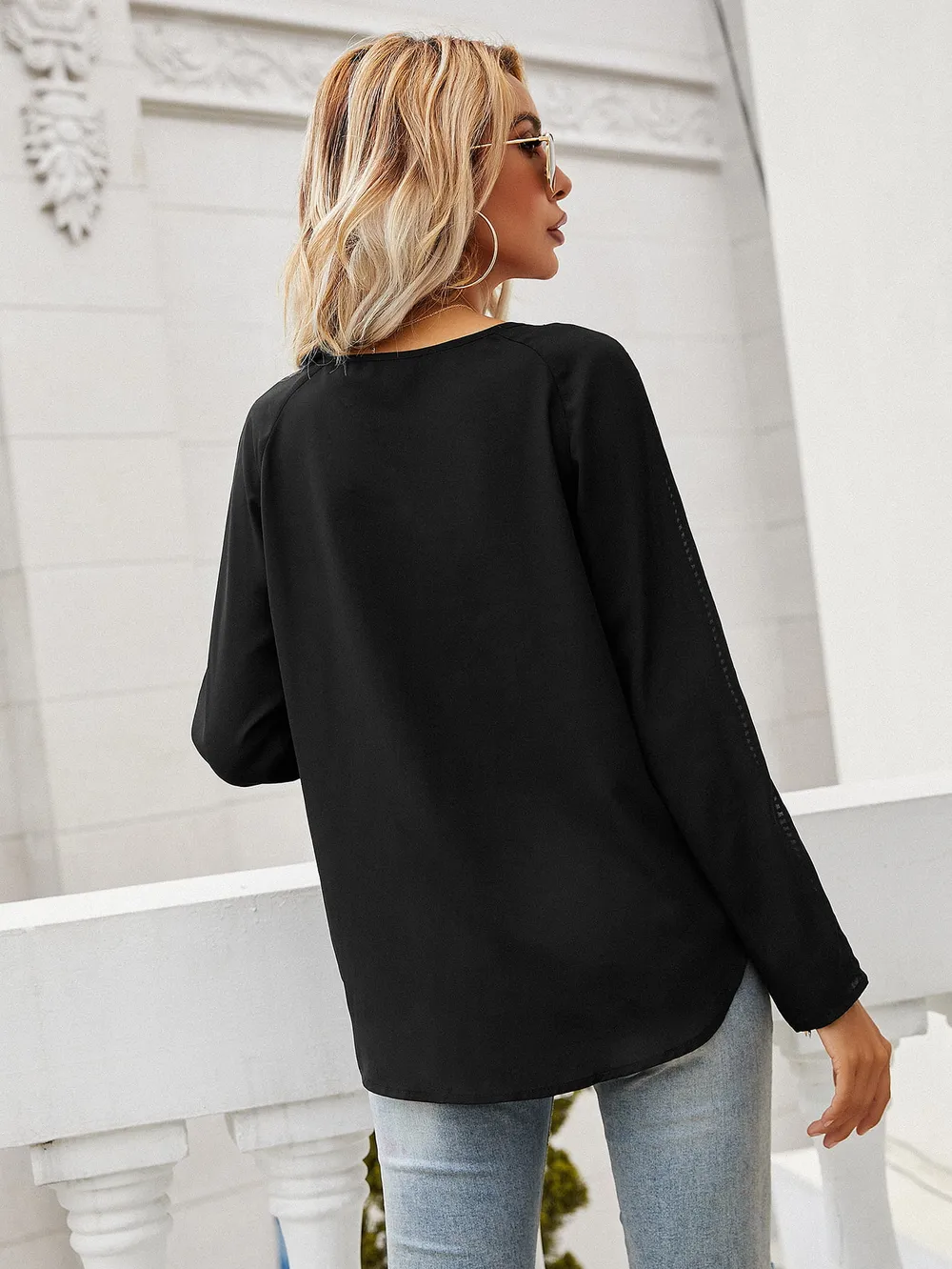 Tie Neck Long Sleeve Semi-Sheer Blouse, image 2