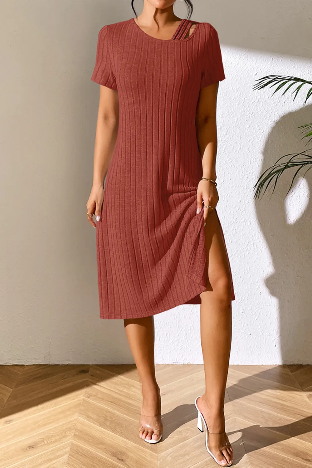 Ribbed Asymmetrical Neck Short Sleeve Dress, image 6