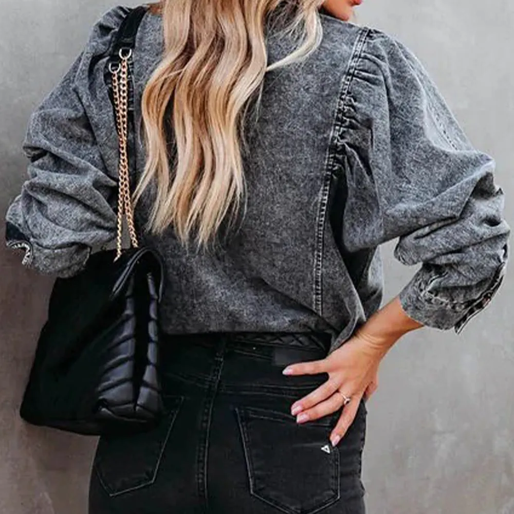 Collared Neck Buttoned Denim Shirt, image 4