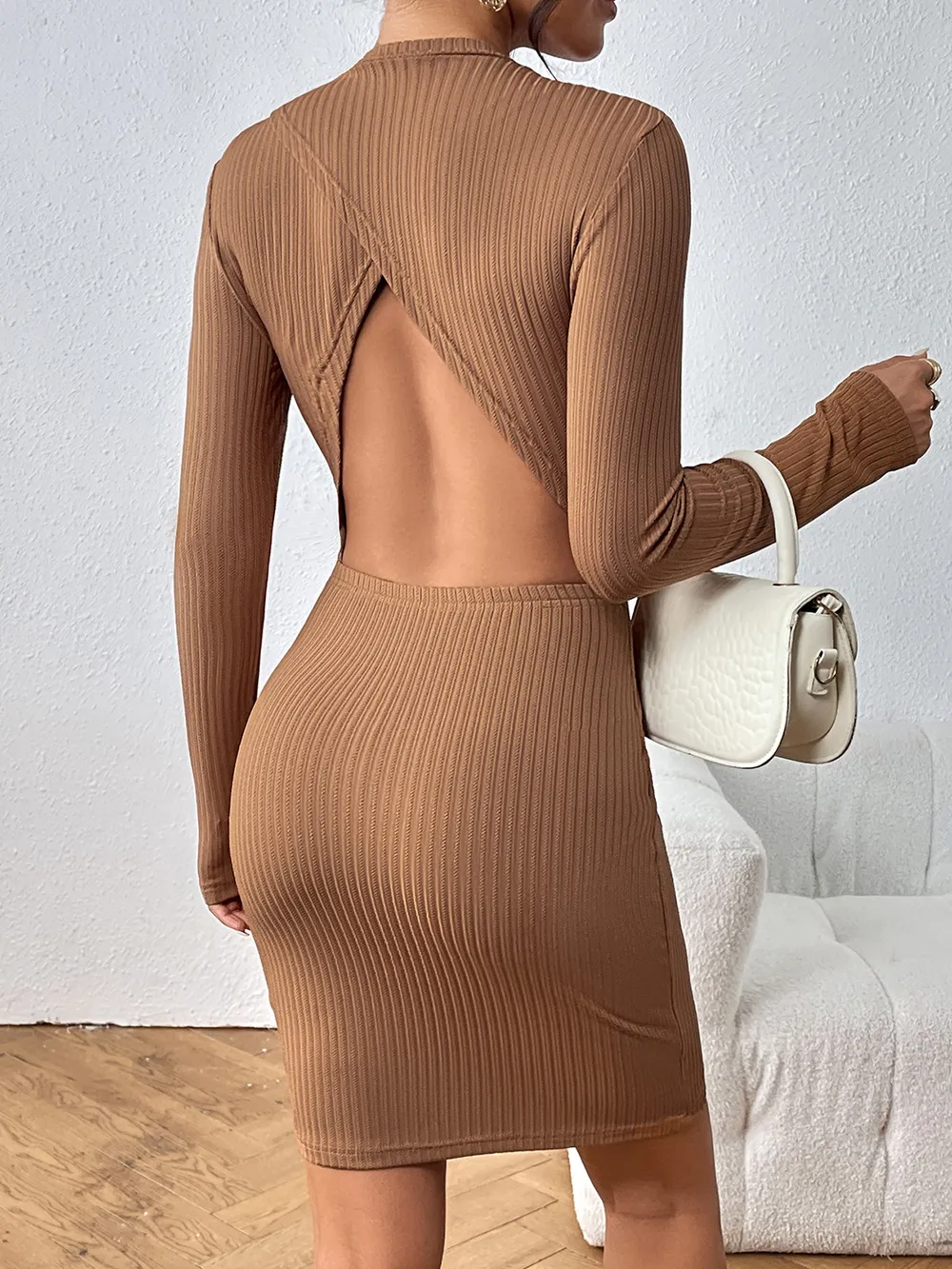 Long Sleeve Ribbed Mini Dress, image 3