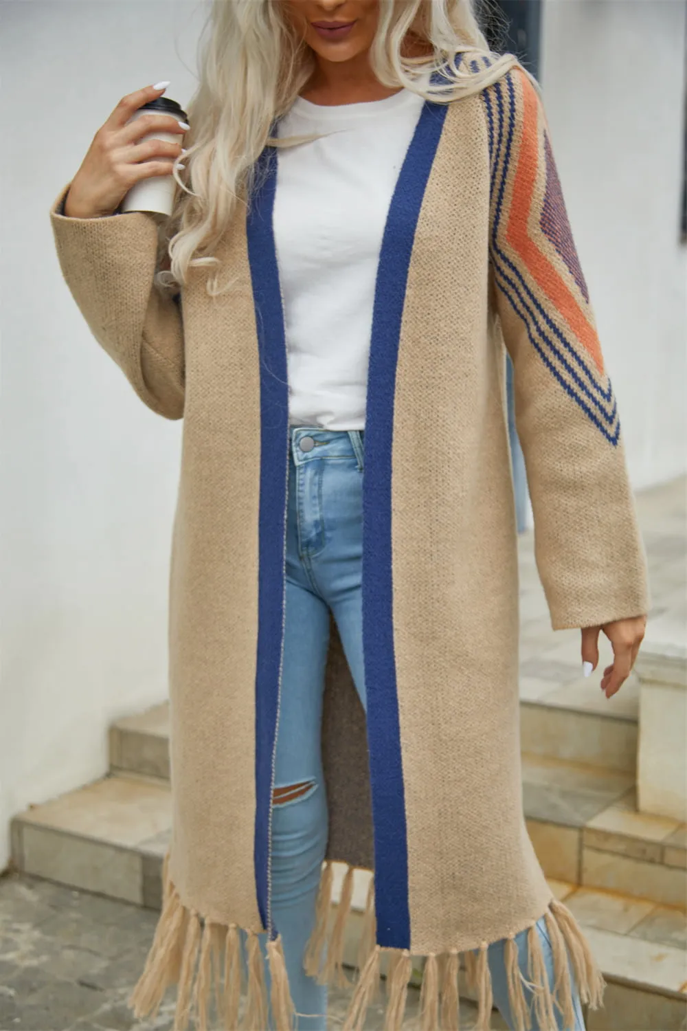 Geometric Fringe Hem Open Front Duster Cardigan, image 10