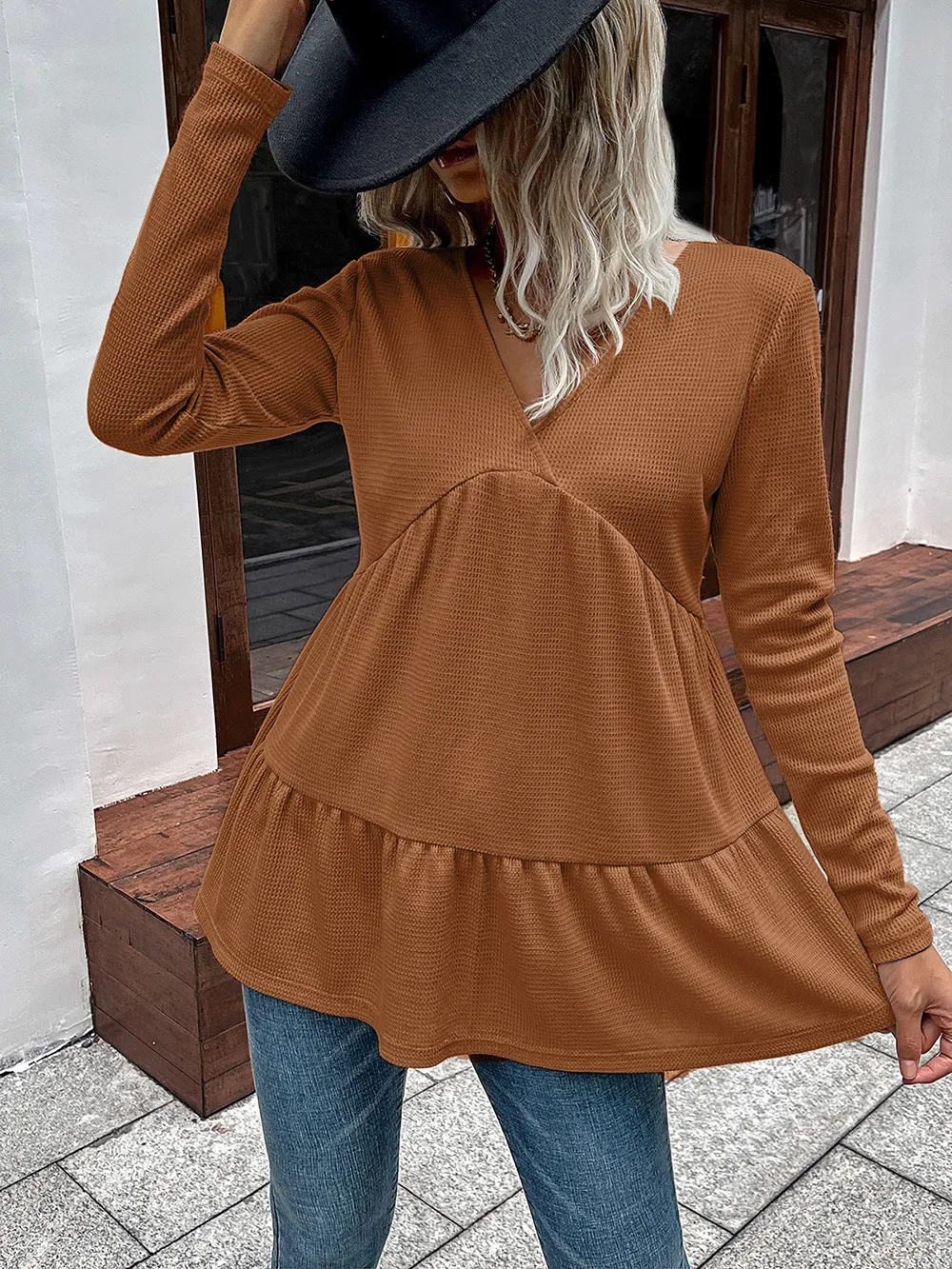 Waffle-Knit V-Neck Long Sleeve Blouse, image 12