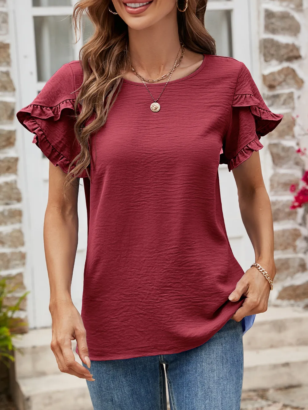 Textured Petal Sleeve Round Neck Tee, image 6