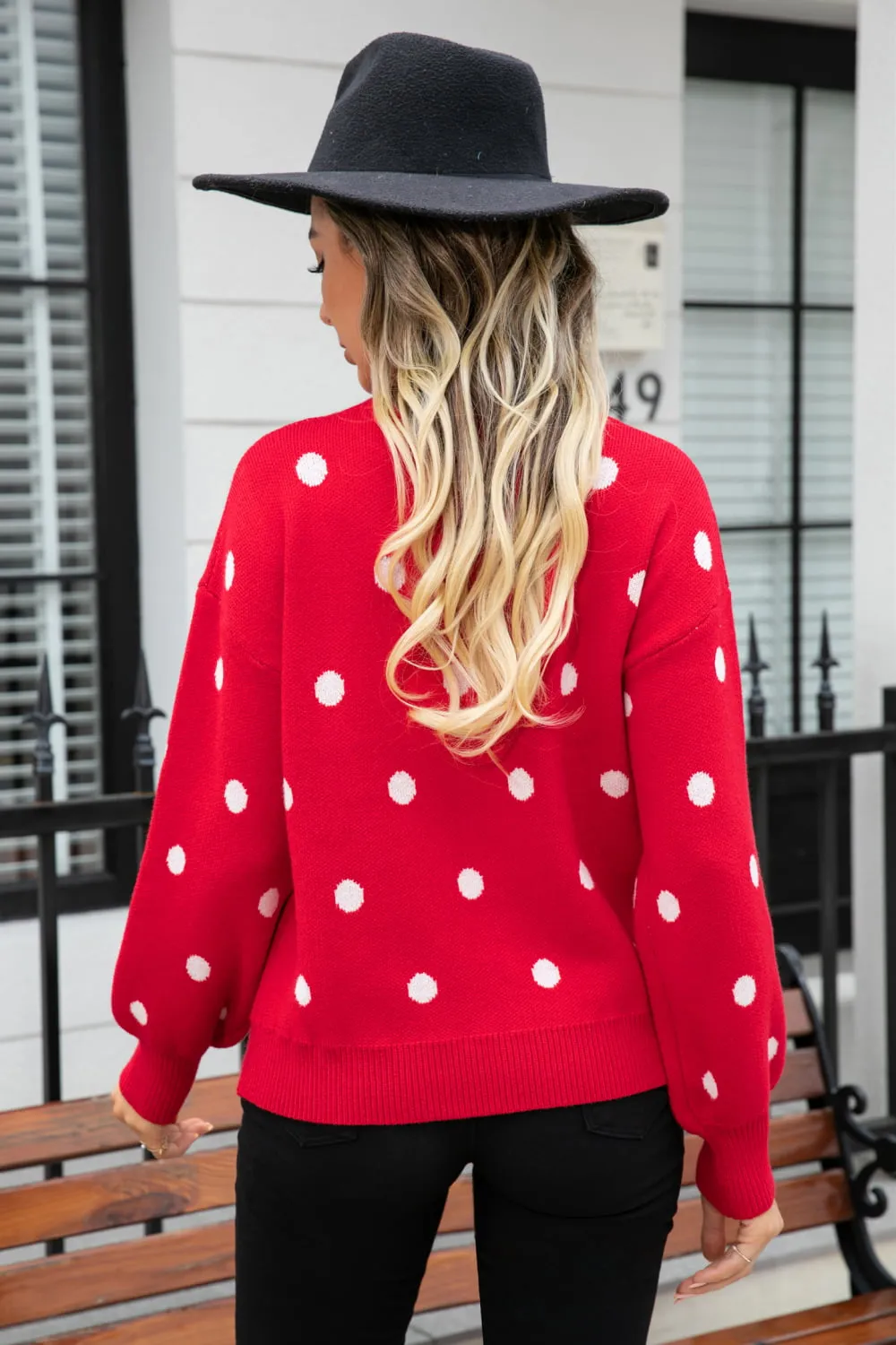 Polka Dot Round Neck Dropped Shoulder Sweater, image 15